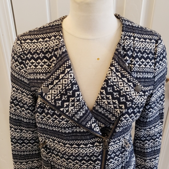 Joie Aztec Print Navy & White Jacquard Moto Jacket - Picture 3 of 9